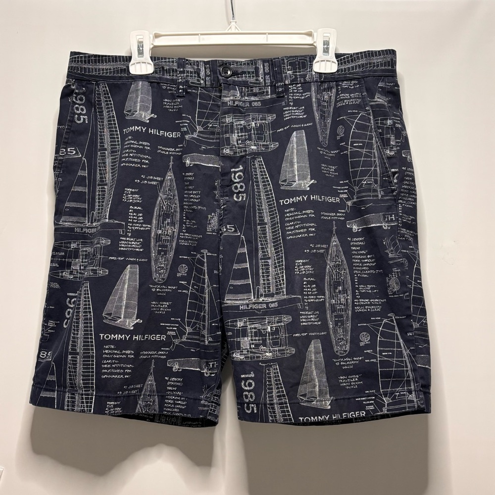 Tommy Hilfiger Sail Boat Shorts Blue Print Sketch Nautical Cruise Mens Size 36